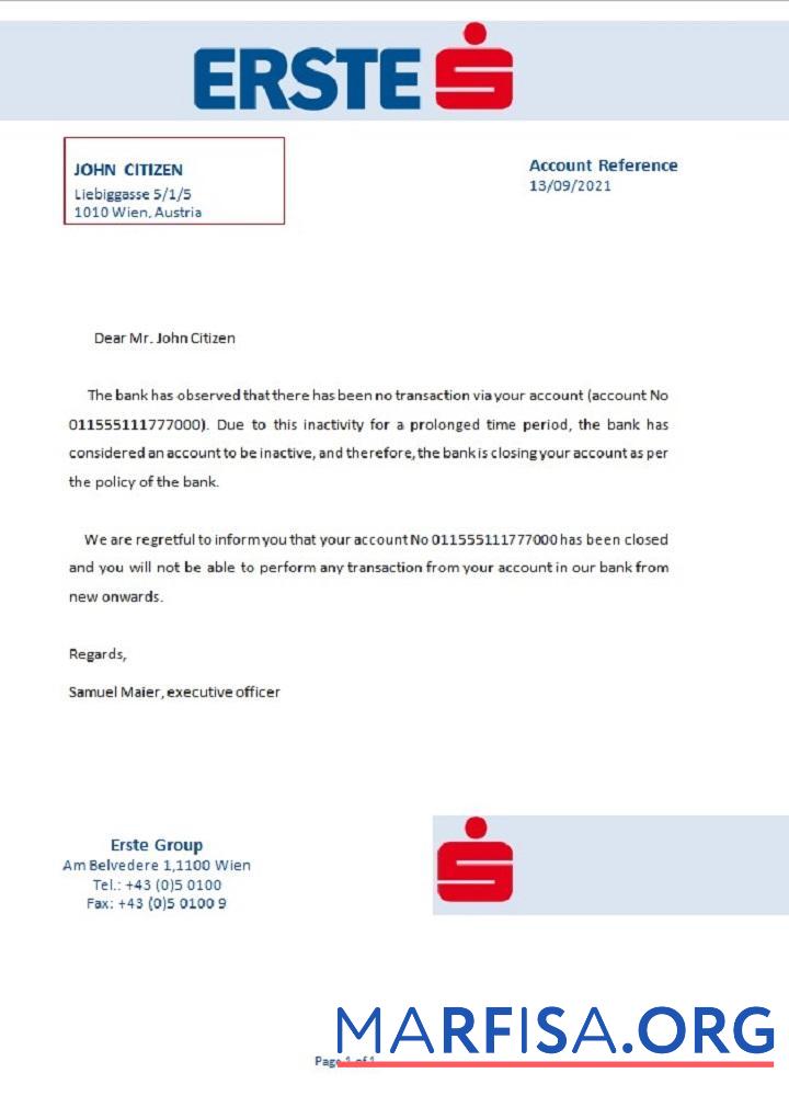 Printable Austria Erste closure reference example